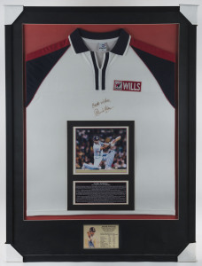 SACHIN TEDULKAR: framed & glazed display housing replica cricket shirt with authentic Tendulkar signature accompanied by presentation card with action photograph and potted career biography of the "The Little Master" with a commemorative metal plaque beneath showing Tendulkar's career statistics & highlighting his 200 not out ODI world record set against South Africa in February 2010; overall 76x106cm.