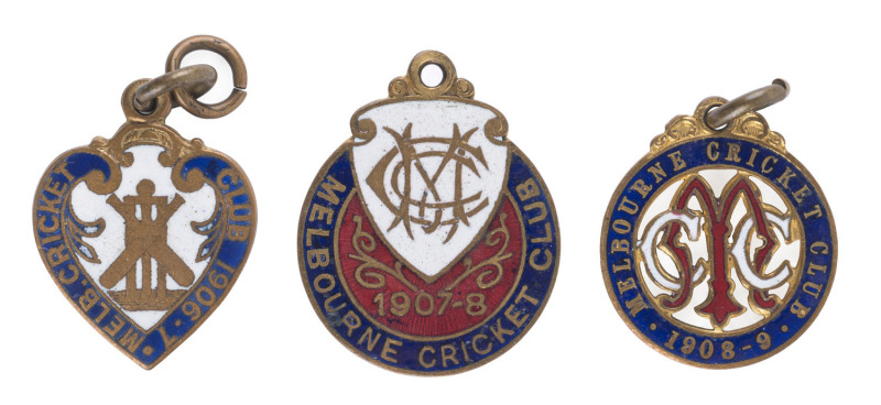 MELBOURNE CRICKET CLUB, 1906-7 membership medallion, made by Stokes, No.520; 1907-8 membership medallion, made by Bridgland & King, No.830; and, 1908-9 membership medallion, made by Stokes, No.427. (3).