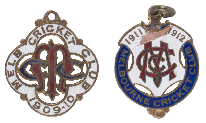 MELBOURNE CRICKET CLUB, 1909-10 membership medallion, made by Stokes, No.407; and the 1911-12 membership medallion, made by C. Bentley, No.956. (2 items).