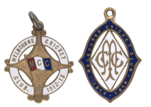 MELBOURNE CRICKET CLUB, 1912-13 membership medallion, made by C.Bentley, No.2457; and the 1913-14 membership medallion, made by Stokes, No.1555. (2 items).