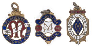 MELBOURNE CRICKET CLUB, 1914-15 membership medallion, made by Stokes, No.89; the 1915-16 membership medallion, made by C. Bentley, No.158, and the 1916-17 membership medallion, made by C. Bentley, No.1439. (3).