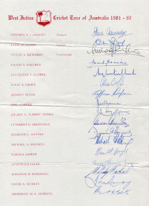 1981-82 WEST INDIES TEAM: "West Indies Cricket Tour of Australia 1981-82" on official headed notepaper, with 17 signatures including Clive Lloyd (Captain), Viv Richards (Vice-Captain), Des Haynes, Gordon Greenidge, Jeffrey Dujon, Michael Holding, Malcolm Marshall, Andy Roberts & Joel Garner plus tour manager Steve Camacho; three filing folds, fine and fresh overall.