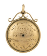 AUSTRALASIAN FOOTBALL COUNCIL - 1914 Gold (15c) medallion showing inlaid enamel Australian States and New Zealand in different colours on the obverse, the reverse engraved with "AUSTRALASIAN FOOTBALL COUNCIL 1914 / Wm. STRICKLAND, ESQ HON. LIFE MEMBER"&nbsp;
