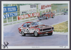 PETER BROCK: limited edition mounted print of Brock winning Bathurst 1972 in his Torana XU-1, signed by Brock in the lower-left corner, numbered 118/500, overall 60x50cm.