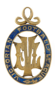 BILL STRICKLAND'S VFL life Member's badge: 15ct gold & enamel badge with 'VFL' monogram surrounded by 'VICTORIAN FOOTBALL LEAGUE', engraved on reverse 'Life Member/ W., STRICKLAND''.