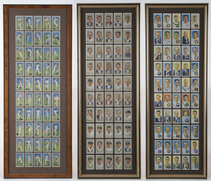 JOHN PLAYER & SONS: 1932, 1934 & 1938 "Cricketers" complete sets of 50 all intricately mounted (5x10) framed & glazed, 1938 cards with some mostly light aging, otherwise generally fine; overall frame sizes 32x84cm (1932) or 28x82cm (2, 1934 & 1938); cards