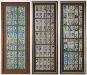 JOHN PLAYER & SONS: 1932, 1934 & 1938 "Cricketers" complete sets of 50 all intricately mounted (5x10) framed & glazed, 1938 cards with some mostly light aging, otherwise generally fine; overall frame sizes 32x84cm (1932) or 28x82cm (2, 1934 & 1938); cards Cat. £210. (3 items)