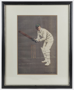 Selection of cricket-themed prints including "Fuller Pilch playing for Kent against Sussex, 1837", "Victor Trumper" print from a photograph taken by George Beldam showing Trumper's strokeplay, Chevallier Taylor 1905 print of Warwick Armstrong (Australian captain 1920-21), Victorian Gallery (London) humorous scene "Village Cricket - Nine Gentlemen In Waiting" plus three other items; all framed & glazed, various frame sizes. (7 items)