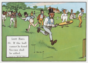 Charlie Crombie: "The Laws of Cricket" twelve humourous cartoon prints interpreting the rules of the game, produced to promote Perrier Water, plus a reprint of the cover of the book by Crombie; all the cartoons are mounted, framed & glazed, each overall 29x39cm. (13 items)