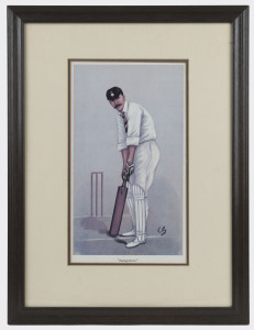 VANITY FAIR CRICKET PRINTS: two Spy series prints comprising "Monkey" (Albert Neilson Hornby) by "Stuff" (Henry Charles Seppings Wright) & "Hampshire" (Edward George Wynyard) by "CG" (Francis Carruthers Gould); both items framed and glazed, 26x39cm & 31x42cm respectively. (2)["Teddy" Wynyard was a multi-talented sportsman who captained Hampshire between 1896-99, played three Tests for England was and also a member of the Old Carthusians football club that won the FA Cup Final in 1881; he a