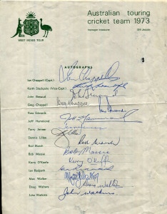 1973 AUSTRALIAN TOURING TEAM: "West Indies Tour" official team sheet with 15 signatures including Ian & Greg Chappell, Dennis Lillee, Rod Marsh, Kerry O'Keefe, Max Walker & Doug Walters, central fold, plus some paper abrasions/penetrations well clear of t