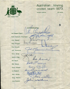 1973 AUSTRALIAN TOURING TEAM: "West Indies Tour" official team sheet with 15 signatures including Ian & Greg Chappell, Dennis Lillee, Rod Marsh, Kerry O'Keefe, Max Walker & Doug Walters, central fold, plus some paper abrasions/penetrations well clear of the signatures. Fine overall.