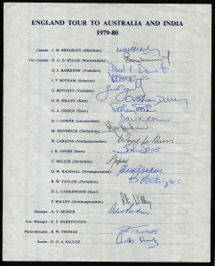 1979-80 ENGLAND TOURING TEAM: "Tour to Australia and India" official team sheet with 18 signatures including Mike Brearley (Captain), Bob Willis, Ian Botham, Geoff Boycott, Graham Gooch, David Gower & Derek Randall. Fine condition.
