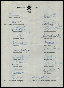 1962 PAKISTAN TEAM: Tour of England official team sheet with 20 signatures including Javed Burki (Captain), Hanif Mohammad, Saeed Ahmed, Mushtaq Mohammad & Intikhab Alam; horizontal & vertical folds, otherwise fine condition; also signed photographs of Saeed Ahmed, Imtiaz Ahmed & Hanif Mohammed (the latter in colour).