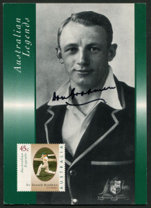 DON BRADMAN: ORIGINAL signature on 1997 "Australian Legends - Sir Donald Bradman" postcards with 45c Bradman stamp. Superb condition.