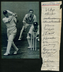 NEW ZEALAND: The 1937 team to England, small autograph page with 15 signatures including Curly Page, Walter Hadlee & Merv Wallace; together with a signed photograph of Walter Hadlee. (2 items).