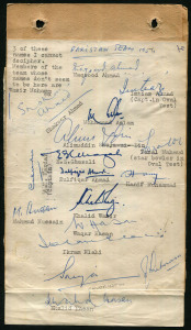 1954 PAKISTAN TOURING TEAM: Tour of England team sheet (unofficial) with 17 signatures including A.H. Kardar (Captain), Fazal Mahmood (who starred in the Oval Test taking 6/53 & 6/46), Maqsood Ahmed, Imtiaz Ahmed & Hanif Mohammad; also a photograph of the