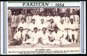 1954 PAKISTAN TOURING TEAM: Tour of England team sheet (unofficial) with 17 signatures including A.H. Kardar (Captain), Fazal Mahmood (who starred in the Oval Test taking 6/53 & 6/46), Maqsood Ahmed, Imtiaz Ahmed & Hanif Mohammad; also a photograph of the - 3