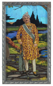 ORIGINAL HAND-PAINTED PORTRAIT OF RANJITSINHJI OF NAWANAGAR: c.1912 image showing him wearing a ceremonial costume and matching turban, adorned with his British GCSI & GBE awards and sash of office, all set against a colourful backdrop featuring a stunning blue sky and water features, the iridescent elements of the image composed from REAL BUTTERFLY WINGS. Commissioned by Ranji with a "Made in England" label on the reverse of the white metal frame on stand (10x18cm).
