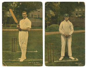POSTCARDS: c.1912 coloured cards depicting cricketers C.B. Fry (Hampshire) and Colin ("Charlie") Blythe, the latter postally used within India; some peripheral blemishes. [Ex Ranji Nawanagar collection] (2)