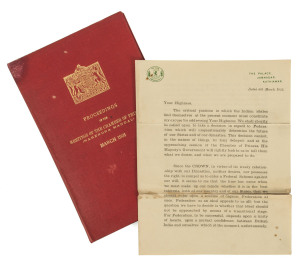 A SIGNED LETTER FROM RANJITSINHJI to KING GEORGE V - 6th March 1932: 6th March 1932 typed letter on The Palace, Jamnagar, Kathiawar letterhead, with Ranjitsinhji's crest embossed in green, signed by Ranji at the end. A highly important historical document, addressed to King George V when Ranji had been elected to represent the interests of the Indian Princely dynasties with regard to their future in the political organization of India.