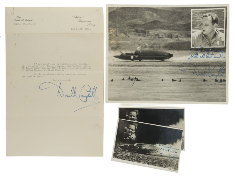 DONALD CAMPBELL: A group comprising a 1956 two-page letter on his personal letterhead regarding the writer's ingenious idea for a new method of attachment for automobile road wheels; two postcards of 'Bluebird K7'; plus large photograph of 'Bluebird K7' w