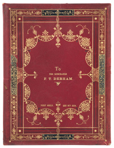 PORT MELBOURNE CRICKET CLUB: 1914 gilt titled & decorated leather bound testimonial to "The Hon F.T. Derham", the internal dedication with attractive hand-painted floral borders, minor edge wear & some light internal spotting, very fine condition overall,