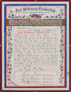 PORT MELBOURNE CRICKET CLUB: 1914 gilt titled & decorated leather bound testimonial to "The Hon F.T. Derham", the internal dedication with attractive hand-painted floral borders, minor edge wear & some light internal spotting, very fine condition overall, - 2