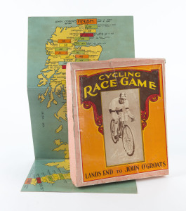 CYCLING RACE GAME - LANDS END to JOHN O'GROATS: c.1934 board game, the box illustrated with image of Australian cyclist Hubert Opperman riding a "Malvern Star" bike. Straightforward dice-based game, without printed instructions however the rules are self-
