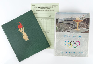 LITERATURE - "XVI OLYMPIAD MELBOURNE 1956"" The official report of the organizing committee for the XVI Olympiad Melbourne 1956, extensively illustrated, published in 1958 by W.M. Houston, Government Printer, 760pp hardbound quarto with dustjacket; also "The Olympic Games: Melbourne 1956", a photographic commemorative publication showing highlights of the games, participating athletes and event records, plus an unused foolscap "Requisition for reserved seating" form for tickeet sales. (3 items)