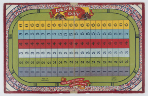 "DERBY DAY - THE UP-TO-DATE RACING GAME": c.1915 National Game Company dice-based board game with brightly coloured printed design; the board edges with some wear & blemishes and outer covers lightly rubbed, however internal graphics are fresh and largely
