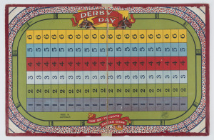 "DERBY DAY - THE UP-TO-DATE RACING GAME": c.1915 National Game Company dice-based board game with brightly coloured printed design; the board edges with some wear & blemishes and outer covers lightly rubbed, however internal graphics are fresh and largely unmarked, without instructions, 31x48cm (folding to 31x24cm).