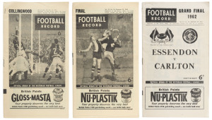 The Football Record: A small group of significant 1962 editions for the home-and-away Round 14 (Collingwood v South Melbourne), and the drawn (preliminary) Final (Carlton v Geelong) and the Grand Final (Essendon v Carlton). (3 items).Essendon 13.12 (90) defeated Carlton 8.10 (58) in the Grand Final in front of 98,385 fans.