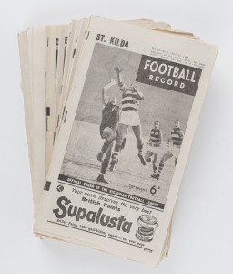 The Football Record: 1963 editions for the Home-and-Away Rounds, mainly featuring St.Kilda: 1, 2, 3, 4, 5, 6, 7, 8, 9, 10 (3 diff.), 11, 12, 13, 14, 15, 16, 17 and 18. (Total: 20). Mixed condition. St. Kilda finished the Home-and-Away Season in Fourth position on the ladder, with 13 wins, and 5 losses. They were eliminated from the finals in the First Semi.