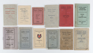 VICTORIAN COUNTRY FOOTBALL LEAGUE ASSOCIATION HANDBOOKS: 1938, 1949, 1952 & 1953-53 editions plus 1934 Victorian Junior Football League handbook and 1954 List of Affiliated Clubs; also club handbooks including 1909 Yarra Valley (very good condition), 1949 Goulburn Valley (superb condition), 1924 & 1925 Upper Yarra Valley plus 1928 invitation card for Warracknabeal Football Club's Banquet; condition variable. (12 items)