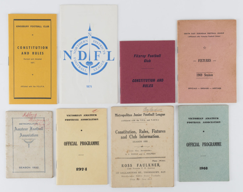 VICTORIA - MELBOURNE SUBURBAN LEAGUES: handbooks & fixture lists including 1922 Metropolitan Amateur Football Association handbook (annotations front cover), 1933 Metropolitan Junior Football League "Constitution, Rules & Fixtures", 1967 Fitzroy Football