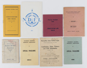 VICTORIA - MELBOURNE SUBURBAN LEAGUES: handbooks & fixture lists including 1922 Metropolitan Amateur Football Association handbook (annotations front cover), 1933 Metropolitan Junior Football League "Constitution, Rules & Fixtures", 1967 Fitzroy Football Club "Constitution & Rules" (superb condition), 1971 Northern Districts programme, plus two other items; also 1968 & 1974 Victorian Amateur Football Association official programmes; condition variable. (8 items).