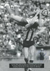 Folio of signed AFL/VFL images; mostly autographed large format press cuttings/photos, many showing spectacular "grabs", noting Jack Dyer, Kevin Murray, Billy Brownless, Warwick Capper, Ron Barassi, Bobby Skilton, Tony Lockett, James Hird, Michael Voss, D