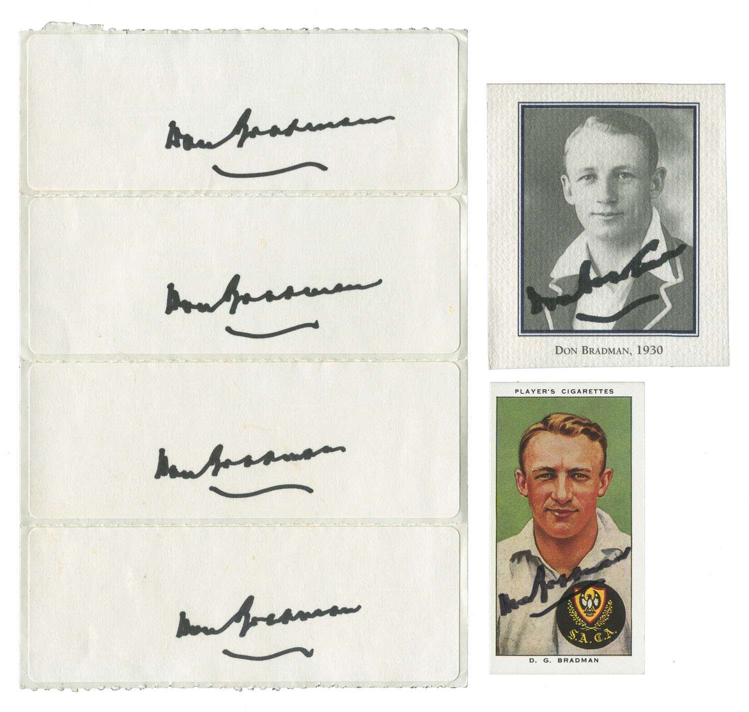 DON BRADMAN: circa 1990s authentic signatures on Players 1938 Cricketers  D.G. Bradman cigarette card, on a small press image of Bradman in 1930,  plus another four signatures on plain white adhesive labels. (6 items)