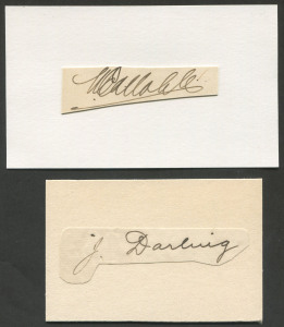 AUTOGRAPHS: original Monty Noble and Joe Darling signatures on small pieces mounted on card.[Monty Noble was one of Australia's greatest all-rounders playing 42 Tests for Australia (15 as captain between 1903 and 1909); Joe Darling played 34 Test matches 