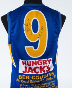 BEN COUSINS: c.2007 West Coast Eagles guernsey commemorating the highlights of his glittering 1996-2007 WCE career, signed by Cousin's across the number '9', also signed with his "Such is Life" motto.