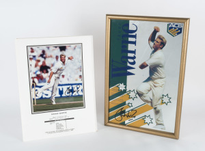 SHANE WARNE: signed mounted photograph commemorating his 100th Test Wicket vs South Africa February 1994, overall 30x40.5cm; c.1995 signed mirror (32.5x49cm) celebrating his career highlights to that date; also two Australian Test Cricketer Posters 1877-1990 showing images of all players in alphabetical order, and 1877-1998 showing player images in chronological order. (4 items)