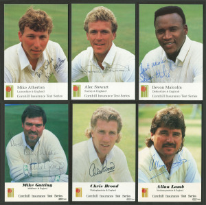 ENGLISH TEST CRICKETERS: 1990s Cornhill Insurance signed Test player photo-cards noting Mike Atherton, Robin Smith (2), Alec Stewart, Chris Broad, Devon Malcolm, Allan Lamb & Mike Gatting; fine condition. (39)
