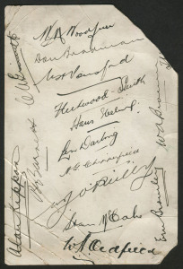 1934 AUSTRALIA vs ENGLAND 5th TEST: signatures of Australian tour members on a plain postcard (faults) stated to have been collected by Bradman himself and signed by him, plus those of Alan Kippax, Clarrie Grimmett, Bill Woodfull, Bill Ponsford, Hans Ebeling (his only Test Match), Len Darling, Arthur Chipperfield, Bill O'Reilly, Stan McCabe, Bert Oldfield, Bill Brown, Ben Barnett, Chuck Fleetwood-Smith & Ernest Bromley