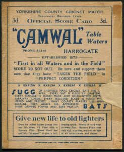 SCORE CARDS: comprising 1902 (Aug.11-13) Surrey County Cricket Club completed card for England vs Australia 5th Test, 1928 (Sept. 5-7) uncompleted card for MCC Australian Team vs Mr Thornton's XI held at Scarbourough with advertising for Boyes Stores, 1948 (July 22-27) for England vs Australia 4th Test card (repaired fault), first innings scores printed, the 2nd innings scores entered in manuscript. (3 items).