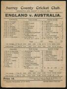 SCORE CARDS: comprising 1902 (Aug.11-13) Surrey County Cricket Club completed card for England vs Australia 5th Test, 1928 (Sept. 5-7) uncompleted card for MCC Australian Team vs Mr Thornton's XI held at Scarbourough with advertising for Boyes Stores, 194 - 6