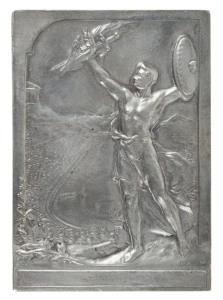 1906 INTERCALATED "OLYMPIC" GAMES: commemorative medal by P. Vannier in silvered bronze, obverse showing athlete standing in front of the Panathenaic Olympic Stadium holding aloft a sword, sprig of palm and shield, reverse showing Victory flying over an o