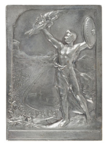 1906 INTERCALATED "OLYMPIC" GAMES: commemorative medal by P. Vannier in silvered bronze, obverse showing athlete standing in front of the Panathenaic Olympic Stadium holding aloft a sword, sprig of palm and shield, reverse showing Victory flying over an olive tree, 49x70mm.