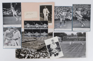 TENNIS GREATS: Images (many signed) including Australians Jack Crawford photo mounted on card with signature alongside on 1930 dated piece alongside, Frank Sedgman signed magazine cut-out, Ken Rosewall signed photograph; other signed action images of Amer