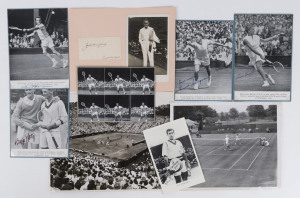 TENNIS GREATS: Images (many signed) including Australians Jack Crawford photo mounted on card with signature alongside on 1930 dated piece alongside, Frank Sedgman signed magazine cut-out, Ken Rosewall signed photograph; other signed action images of Americans Louise Brough, Art Larsen & Ted Schroeder plus Budge Patty signed of him shaking hands with Sedgman after his 1950 Wimbledon final win; also news agency (unsigned) Davis Cup photographs
